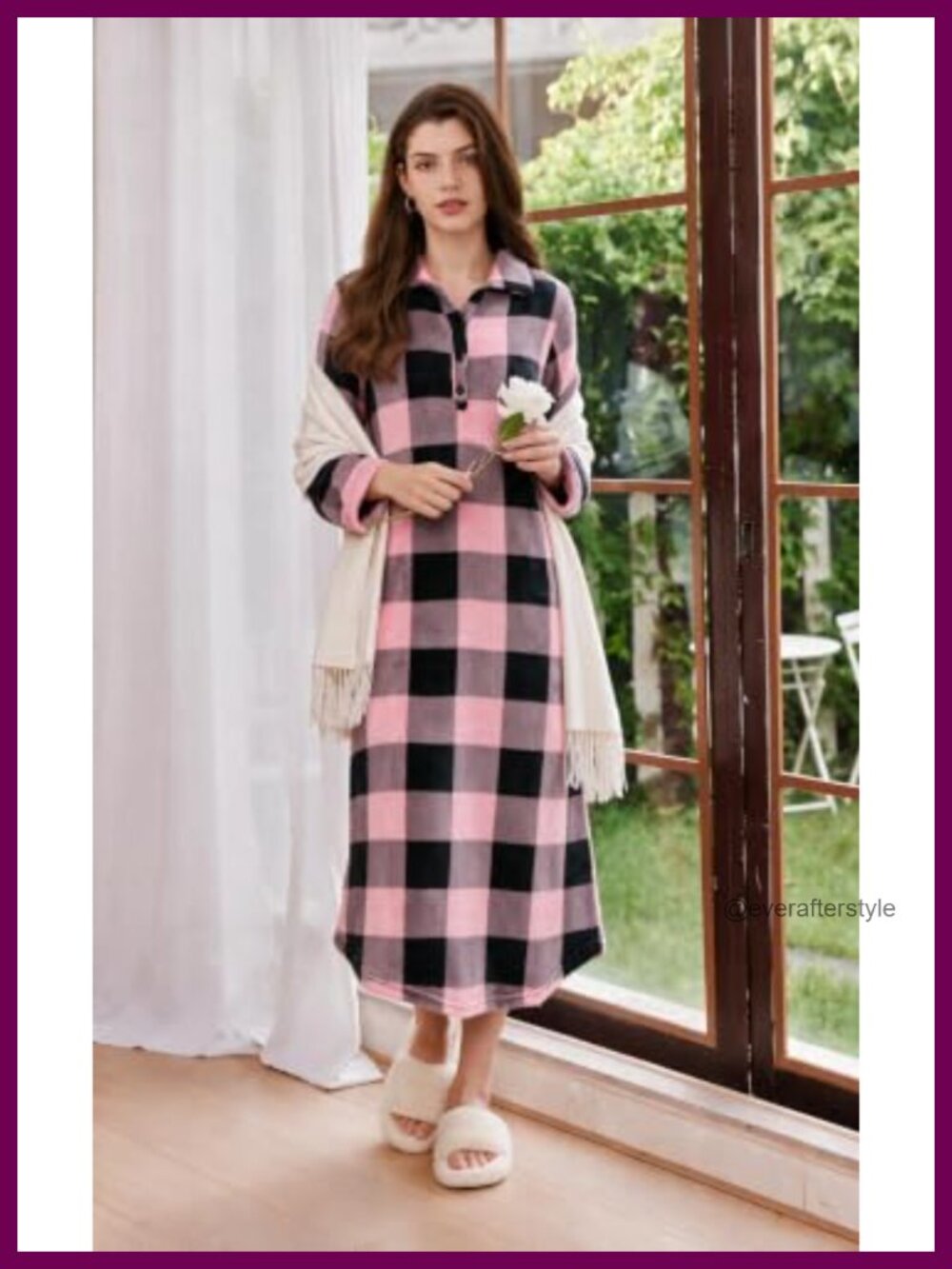 Flannel Nightgown Womens Long Sleeve Sleep Shirt with Pockets Calf Length - Picture 2 of 6